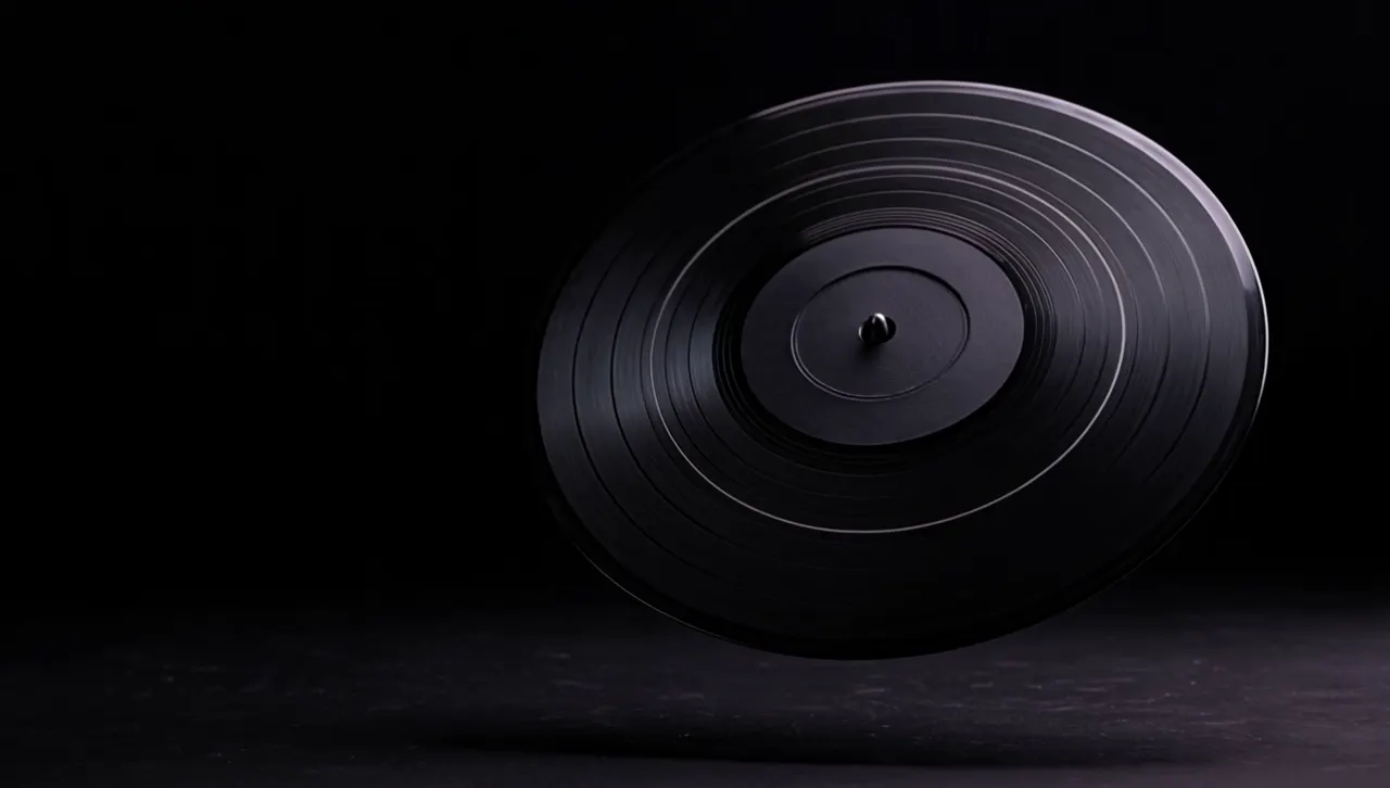 Concept artwork of a black vinyl record under silver and violet light